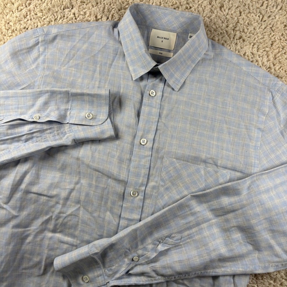 Billy Reid Men Button Up Shirt S Blue Plaid Slim Fit Long Sleeve Cotton Designer